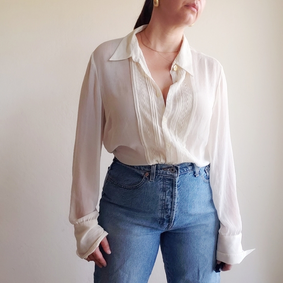 Vintage Gauzy Sheer Cream Blouse 90's Button Down - Picture 3 of 12
